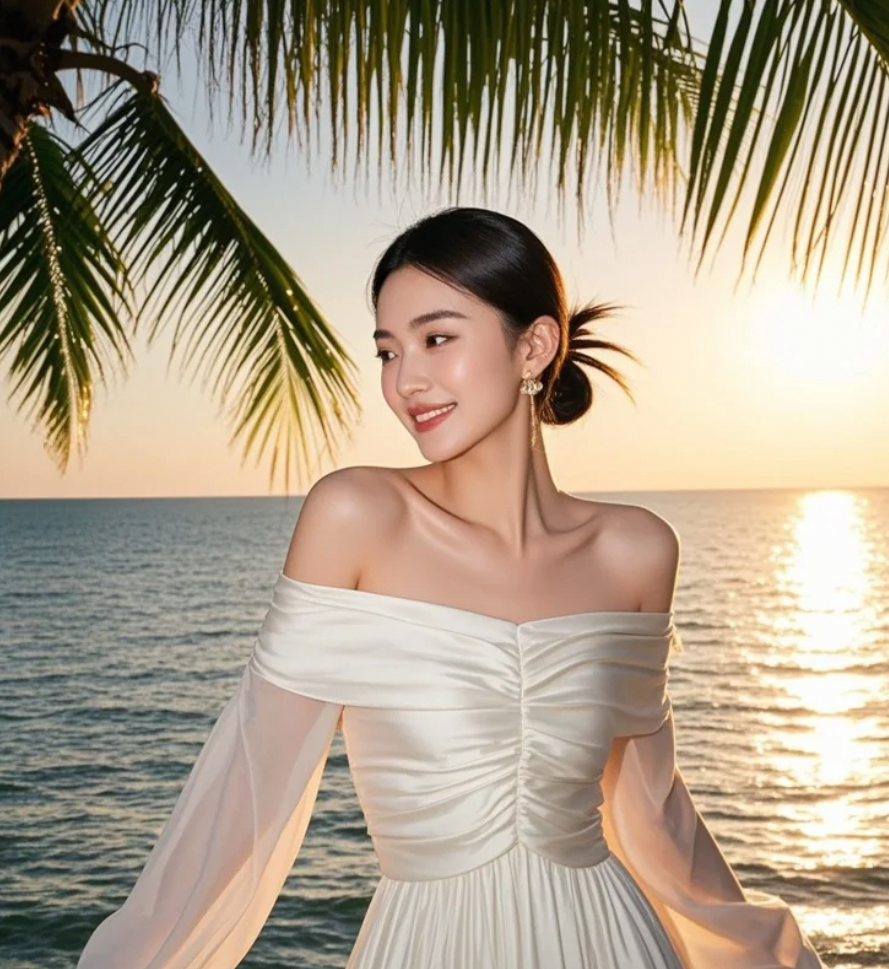 暮色四合，裙色是海天间最亮的点缀