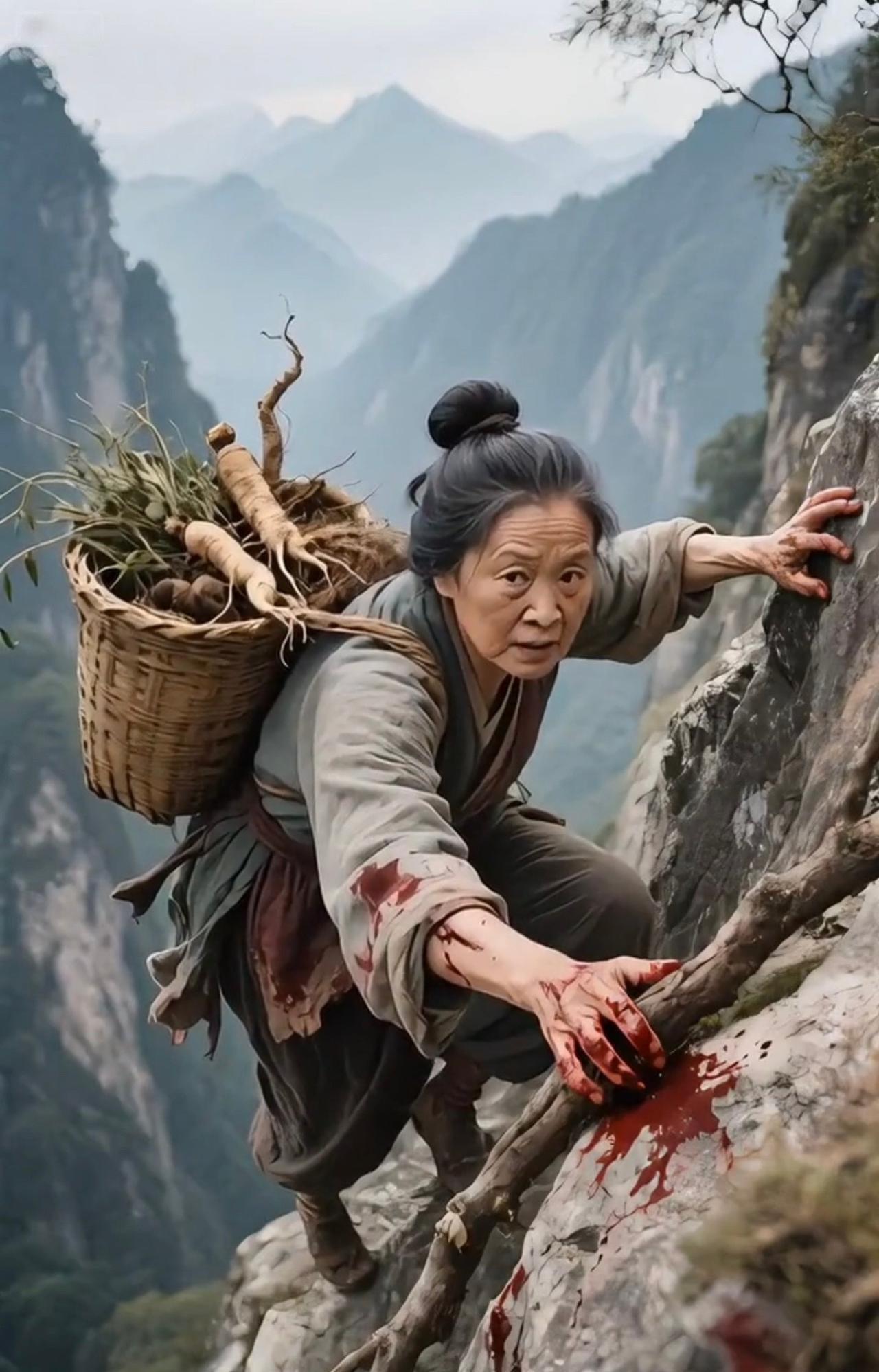 七律·大山里的采药女
峭壁危崖岁月悠，风侵霜染志难休。
背驮竹篓寻珍草，手探荆丛