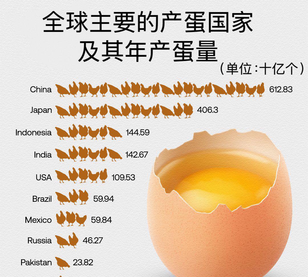 全球主要的产蛋国家及其年产蛋量：
1.  中国 (6128.3亿个）
2.  日
