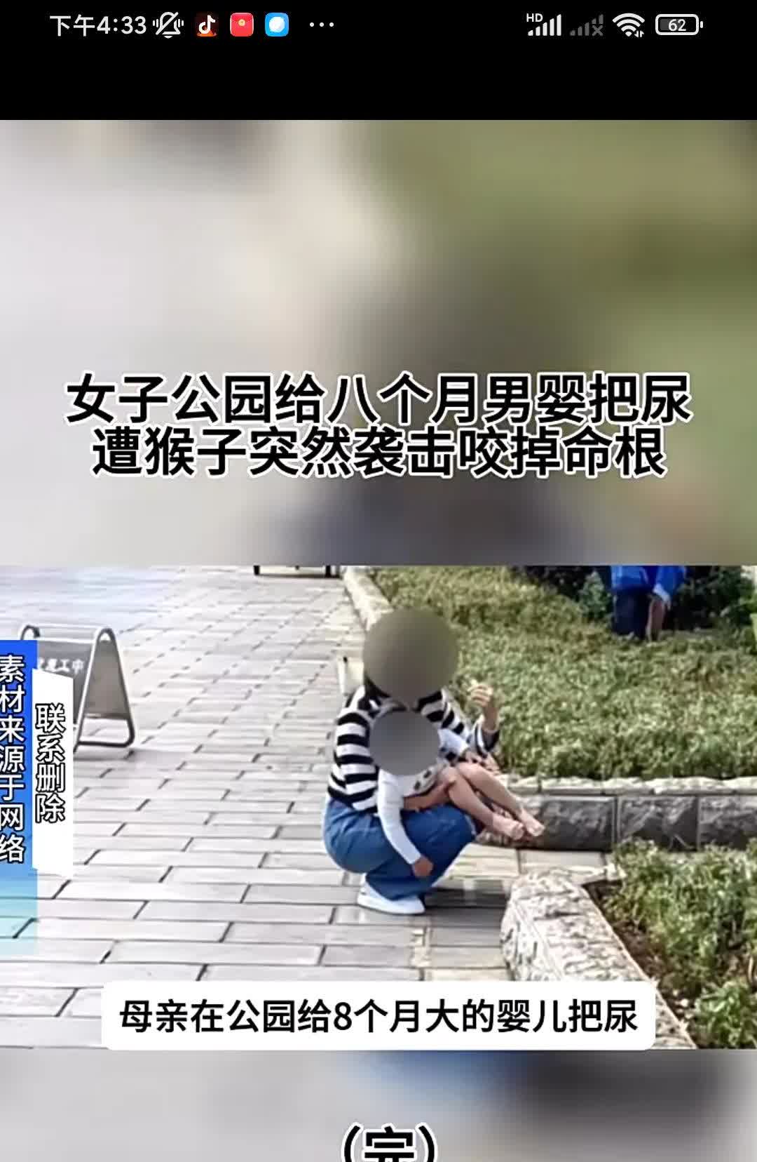 女子公园给八个月男婴把尿 遭猴子突然袭击咬掉命根。
真够蠢的，怎么能把孩子带到