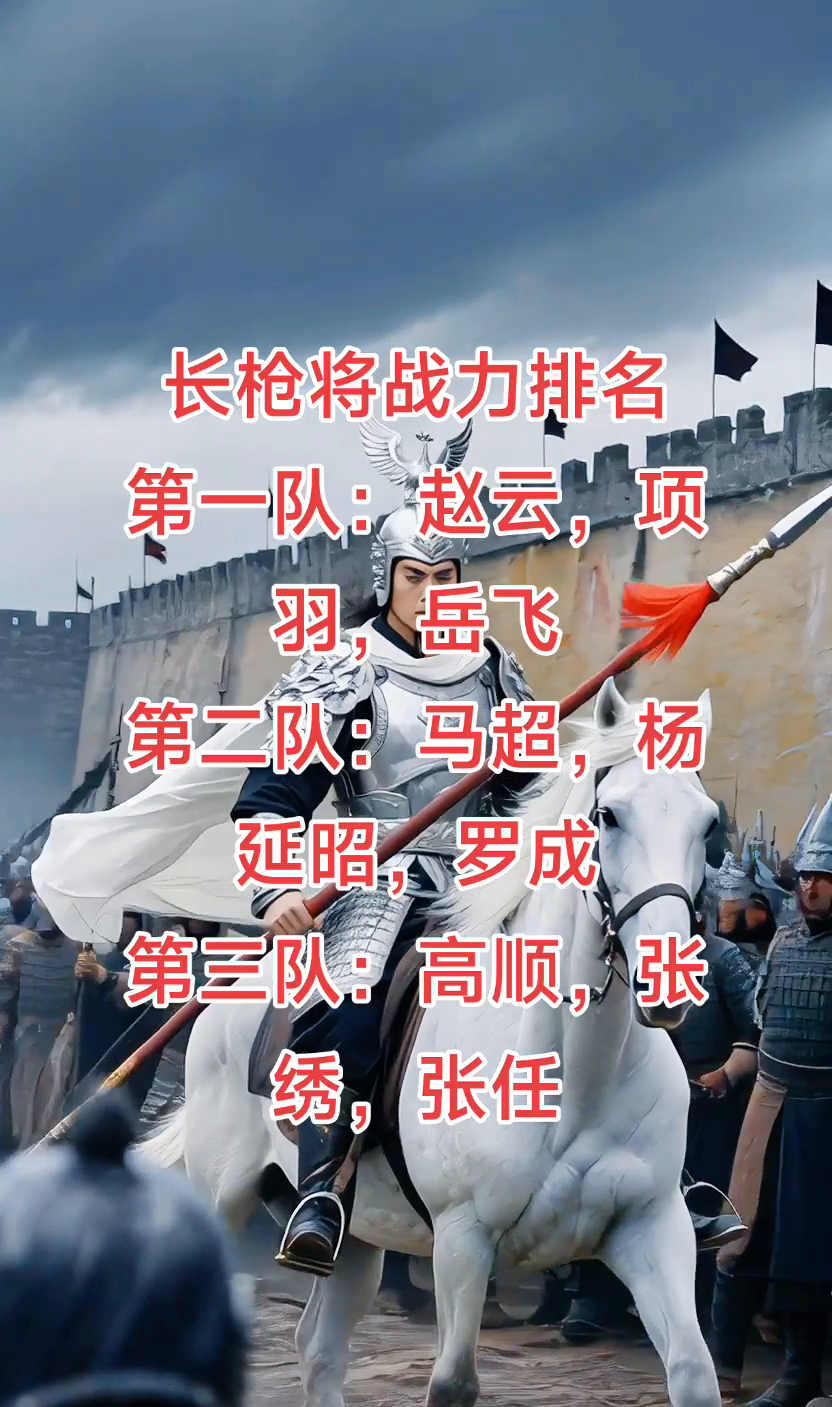 长枪将战力排名。
·第一队：赵云、项羽、岳飞。
·第二队：马超、杨延昭、罗成。