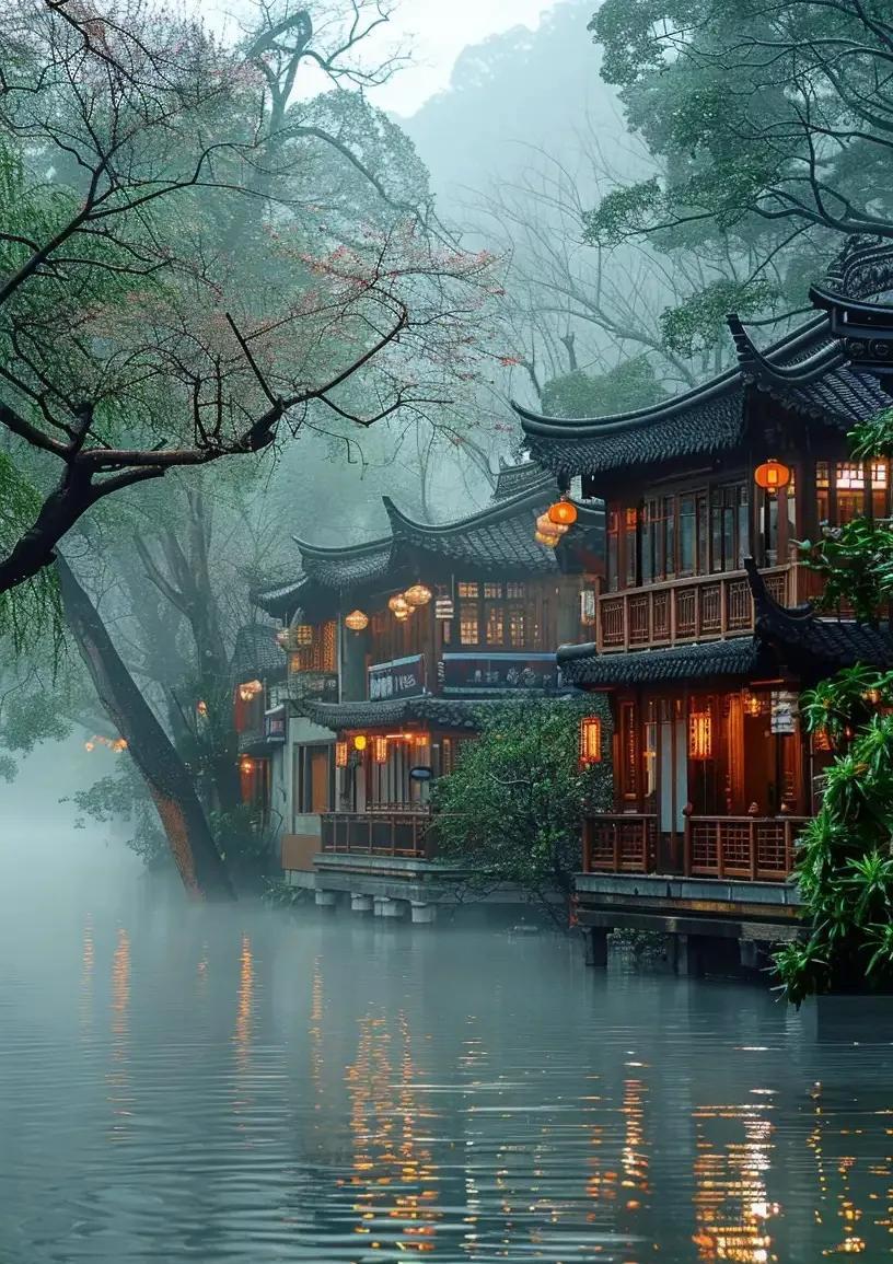 青山远在雨中幽，
风拂人身客倚楼。
云锁峰巅归鸟急，
河流荡漾泊扁舟。
——作者