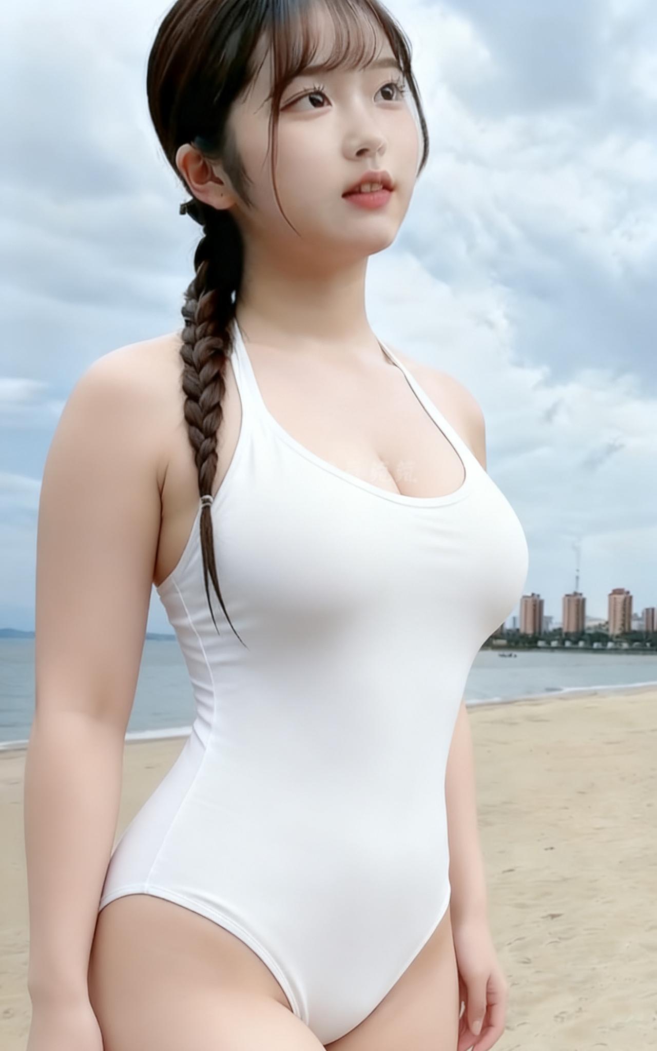 《少女的清新风情》
在海边的微风里，她身着纯净白连体泳装，如清新的海浪精灵。麻花