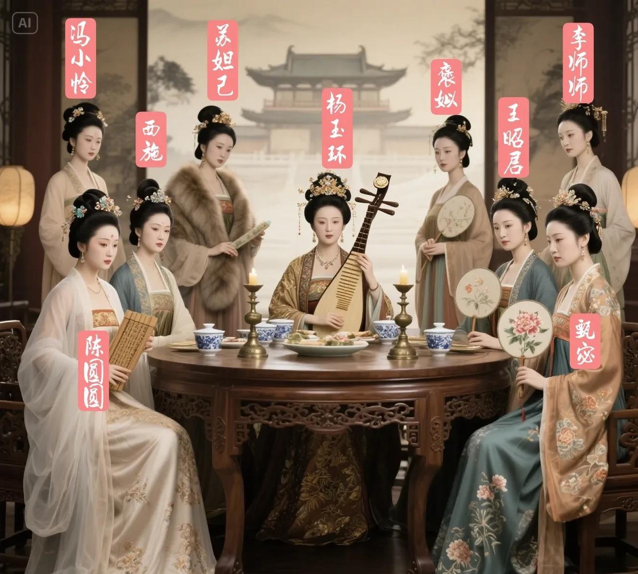中国古代美女千千万，能上场的只有这9位，主位必须是我最喜欢的贵妃杨玉环，左右分别