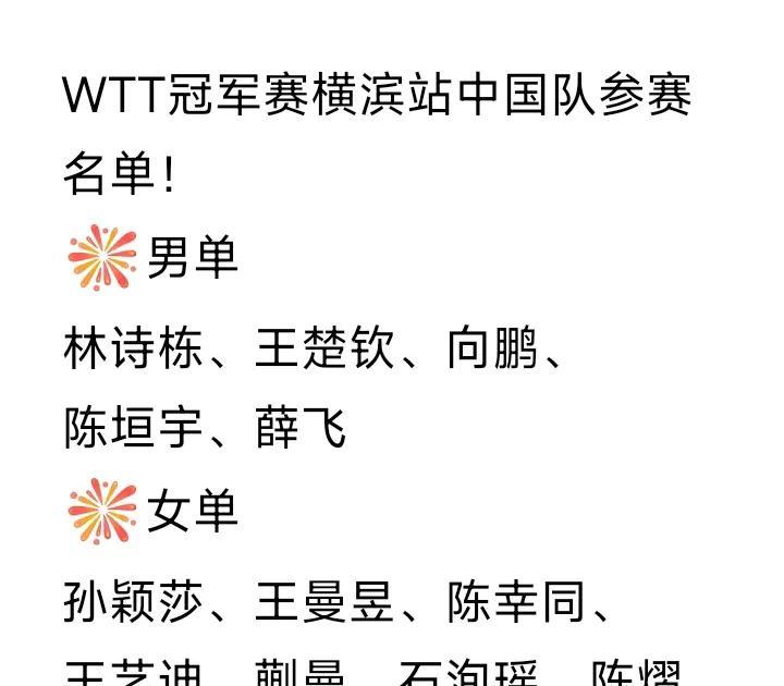 WTT冠军赛横滨站中国队参赛名单有变，梁靖崑因伤退赛，薛飞递补参赛。
大胖这是在