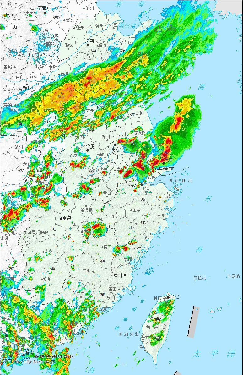 今天下午长三角地区强对流活动猛烈，上海、江苏南部受影响较大，上海崇明国家站出现一