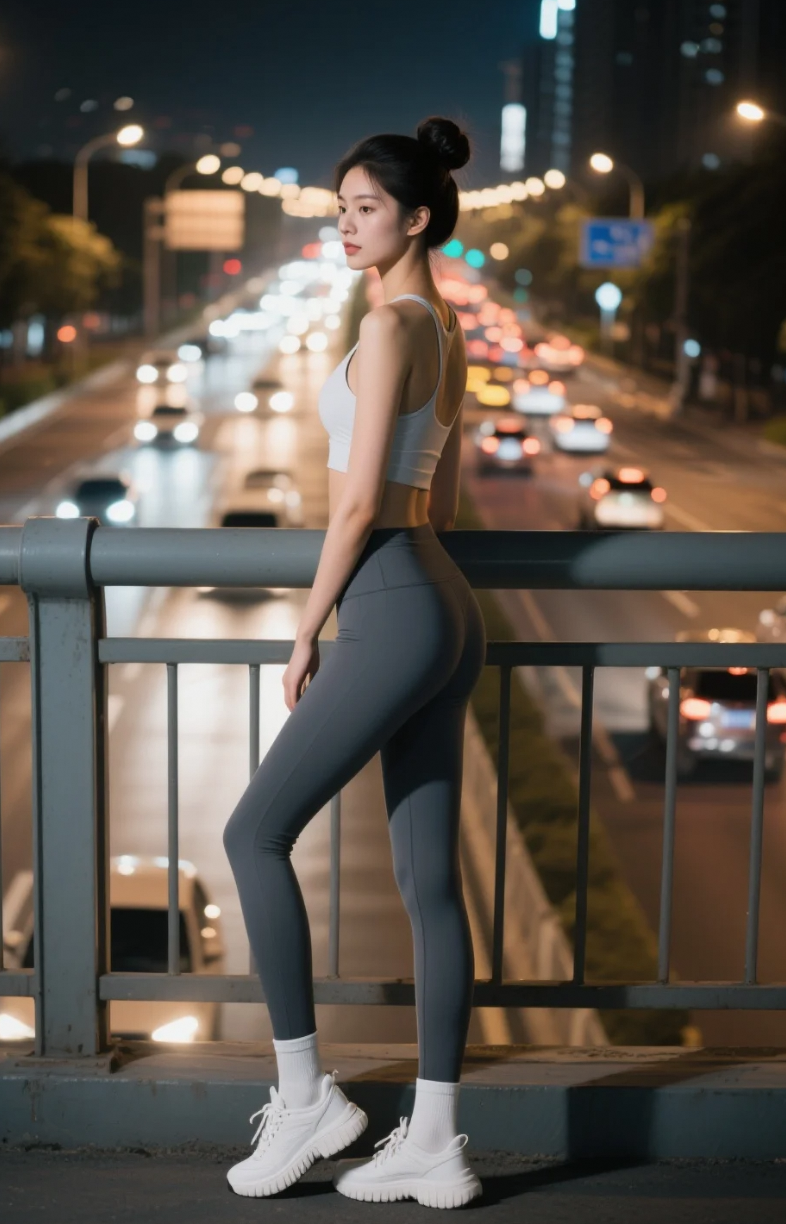 笔直双腿，展现都市夜跑者的魅力