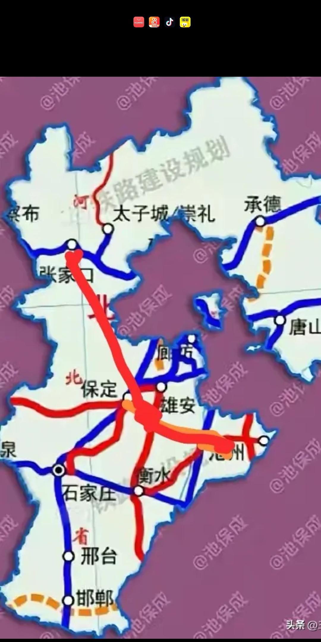 如果，假如从张家口修一条高铁到保定和雄安新区，这条线路方便了，不用绕北京了。从张