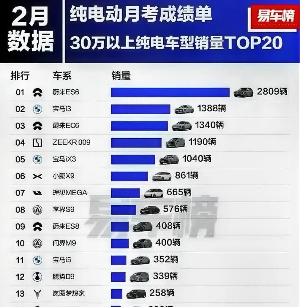 首次看到2月30万元纯电汽车销量榜单，令人惊讶不已。

1，整体看合计不足2
