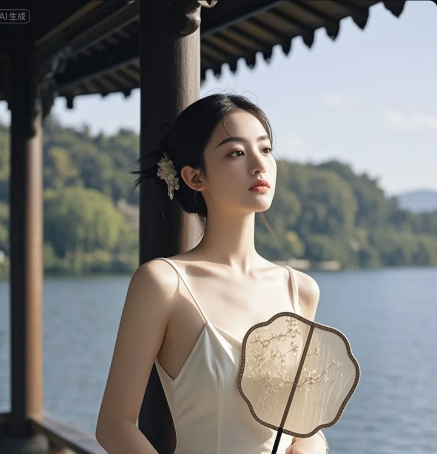 她站在湖边，像一首被风吹散的词