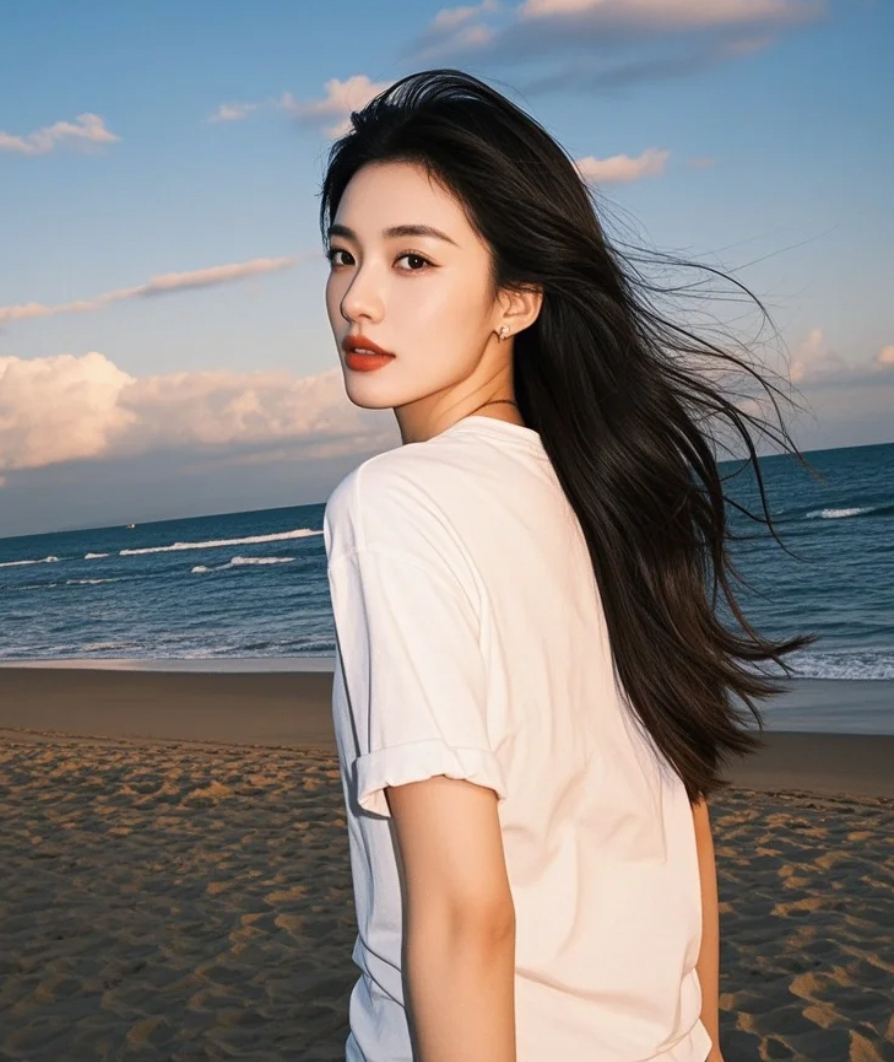 海风撩动她的长发，她以明艳妆容与亲和笑容，诠释了大牌明星的休闲美学