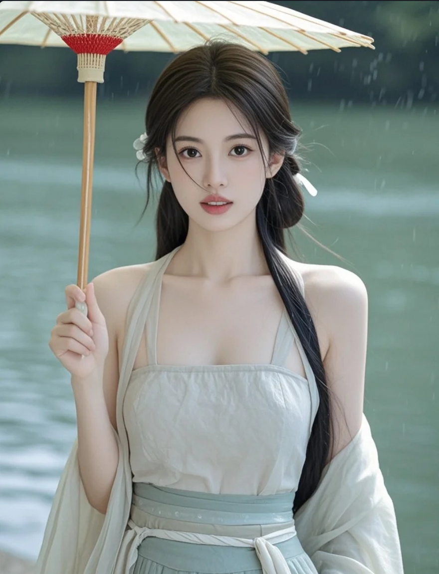 湖边撑伞的汉服装女孩，像从画中走出来一样