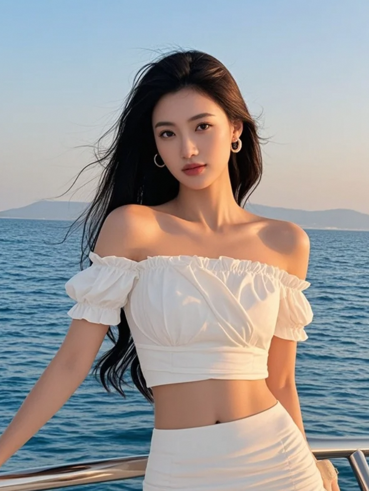 她站在船尾，长发与航迹融为一体，延伸向未知。