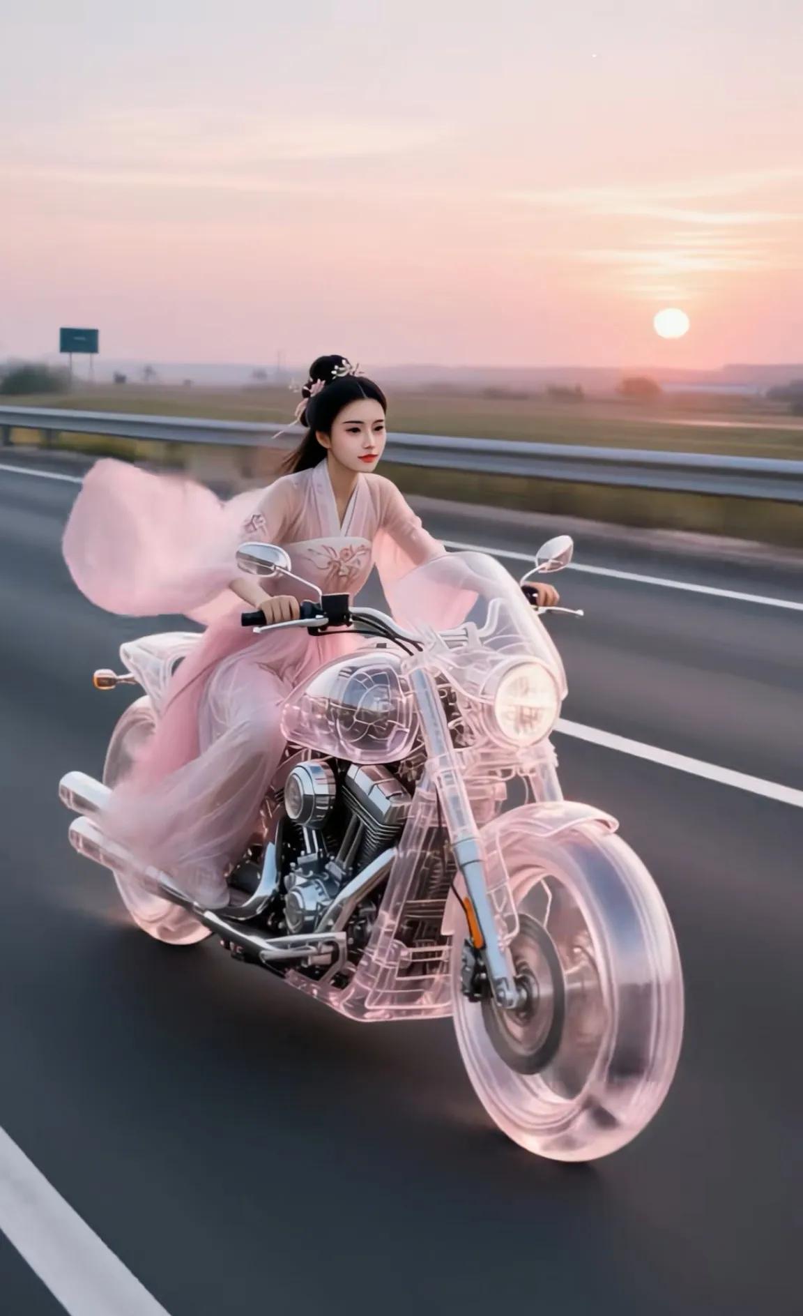 机车女侠！
公路上，粉纱汉服猎猎作响，她跨坐在透明电动摩托上，像从盛唐画卷里骑马