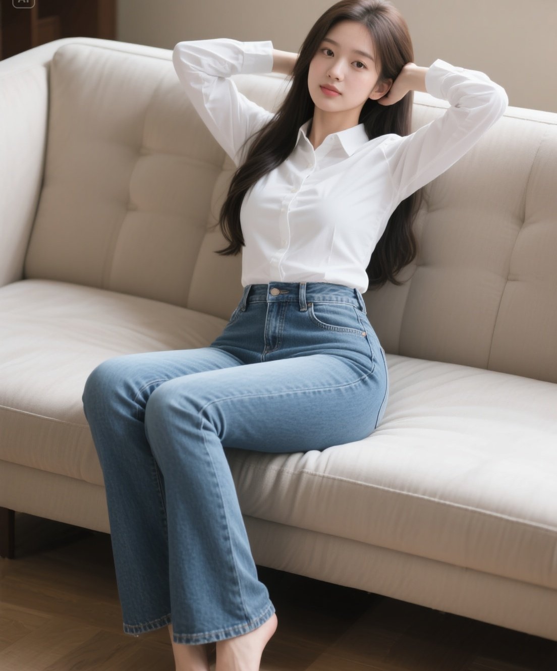 美少女牛仔裤秀 沙发上的青春活力瞬间