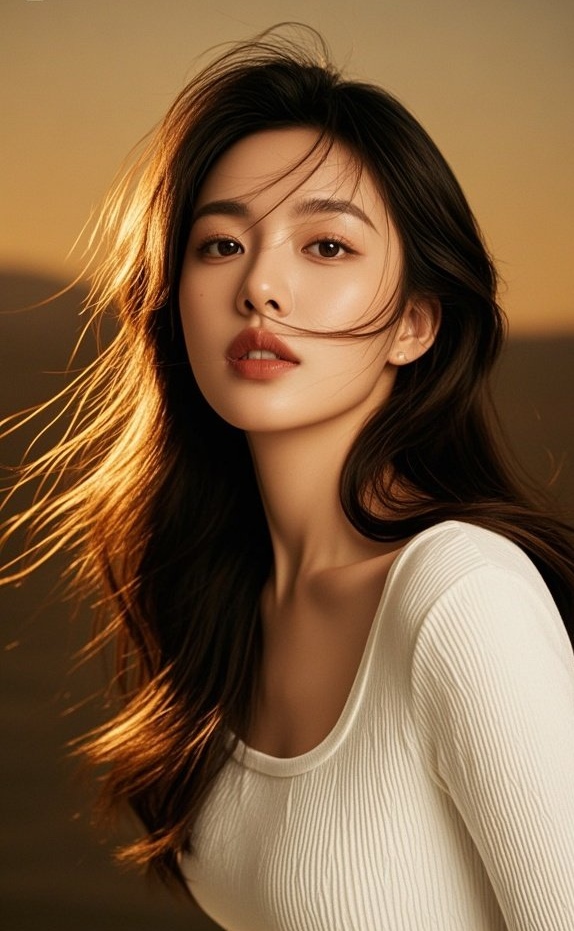 温柔美女倚栏远眺，眸光似水映晚霞