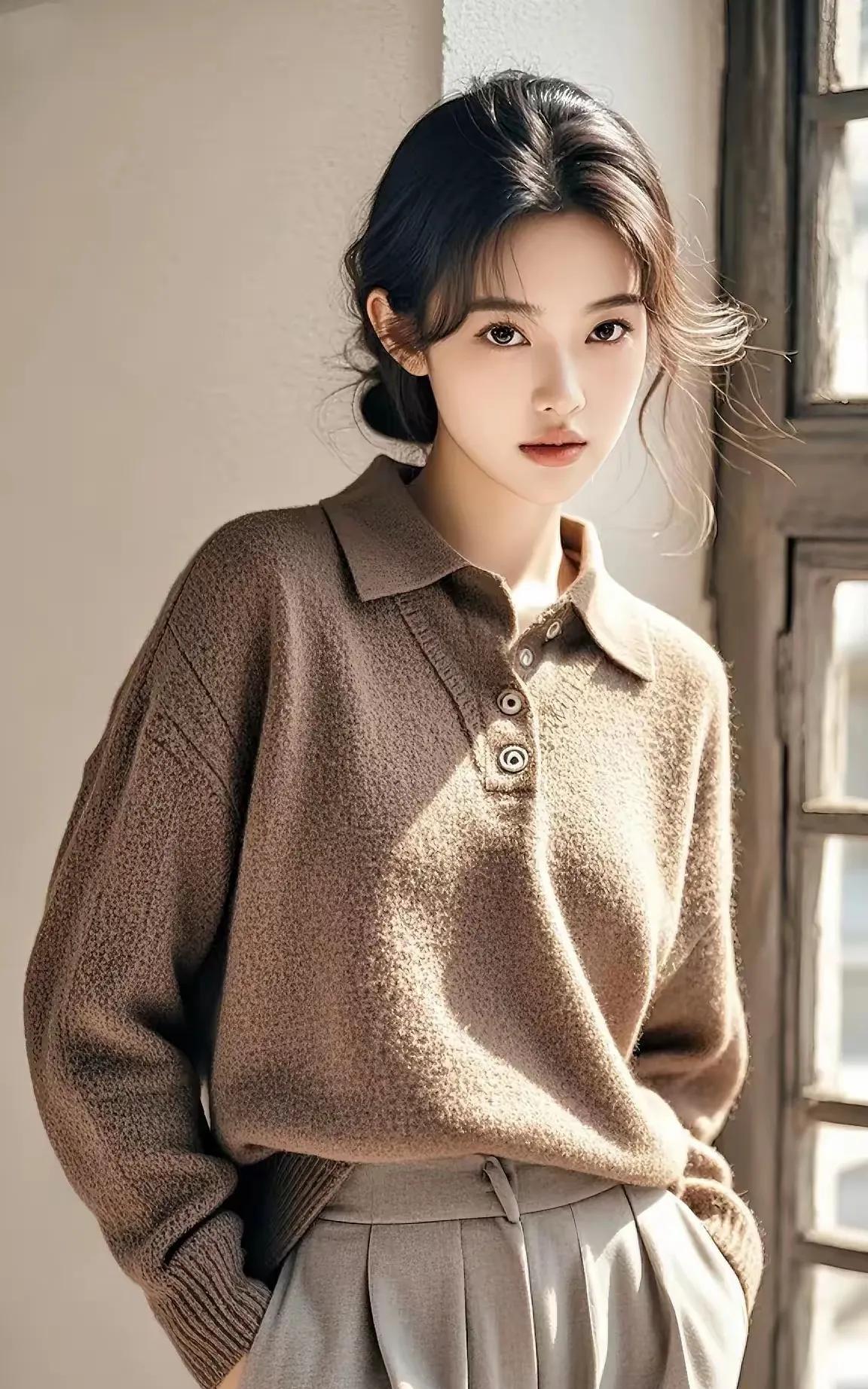 温柔甜美的少女，棕色毛衣搭配灰色长裤，阳光洒进来的瞬间，温暖又迷人。