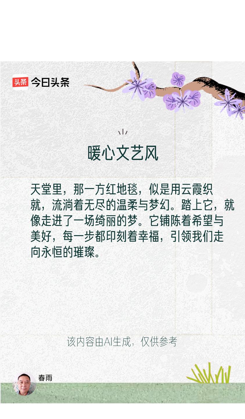 #文学创作大会#：
天堂里，
那一方红地毯，
似是用云霞织就，
流淌着无尽的
温