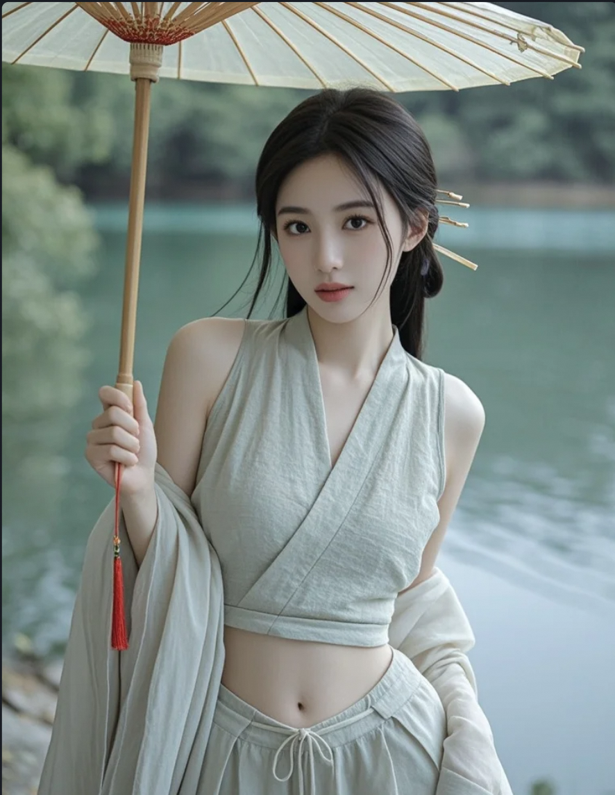 湖边吹风的她，连发丝都在撩人心弦