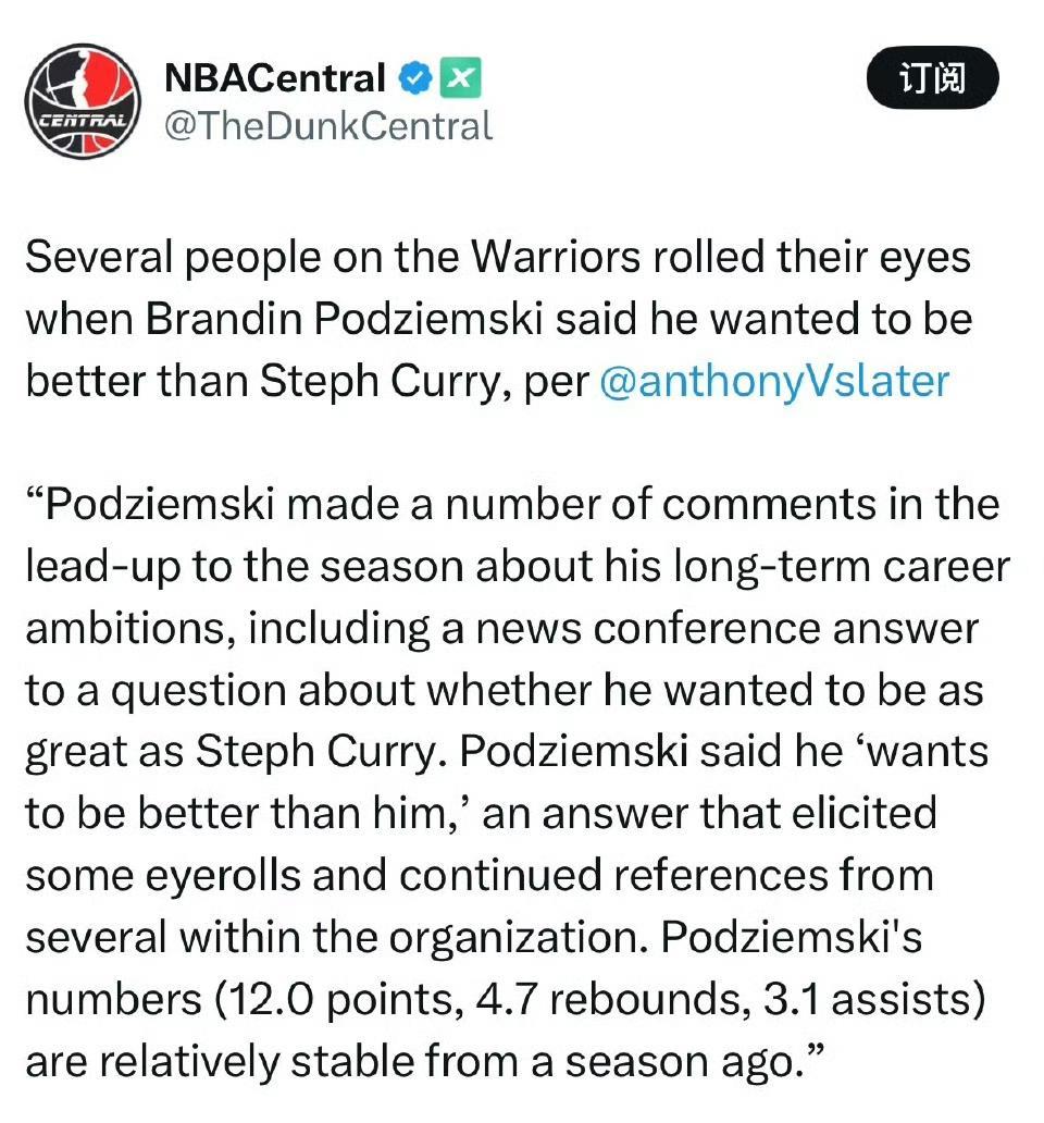 勇士记者Anthony Slater：波杰表示自己想要“比库里更出色”时，勇士队