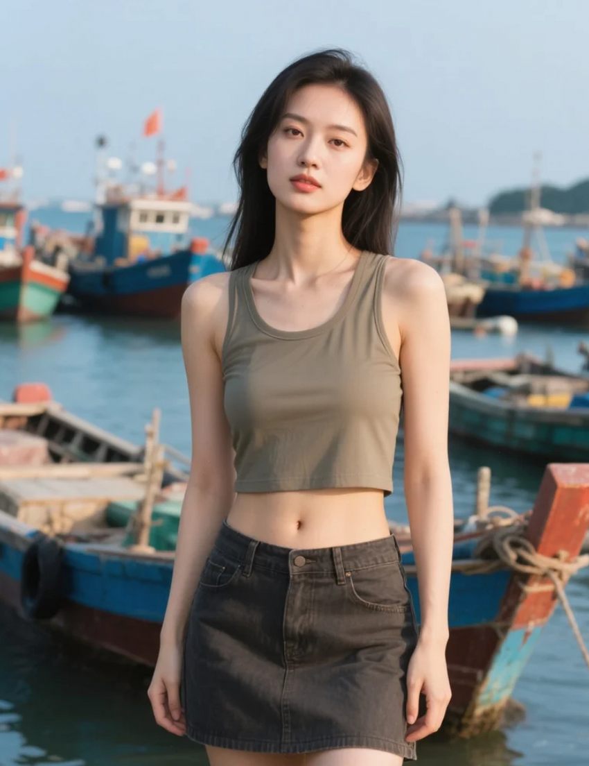 渔船旁的亚洲美女，与海洋生活和谐共生