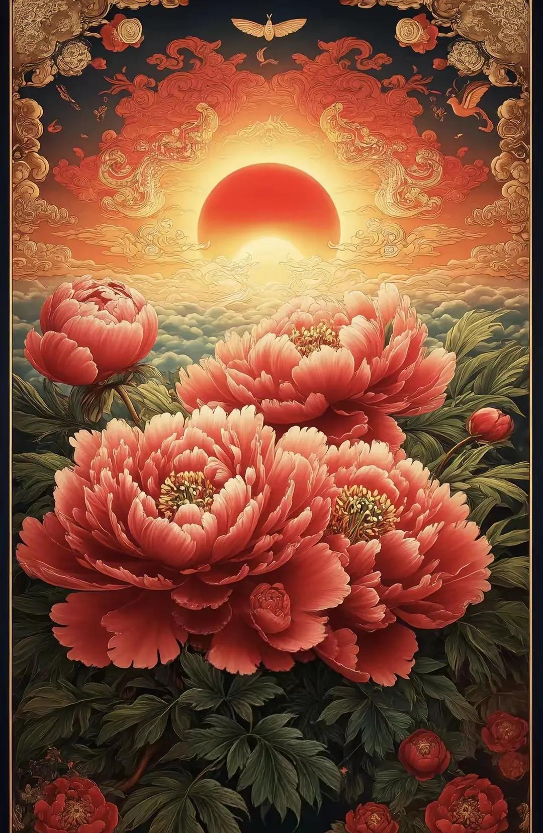 晨起接福，花开富贵好运来！鸿运当头事事顺
推窗正遇晓光融，满目繁花映碧空。
旭日