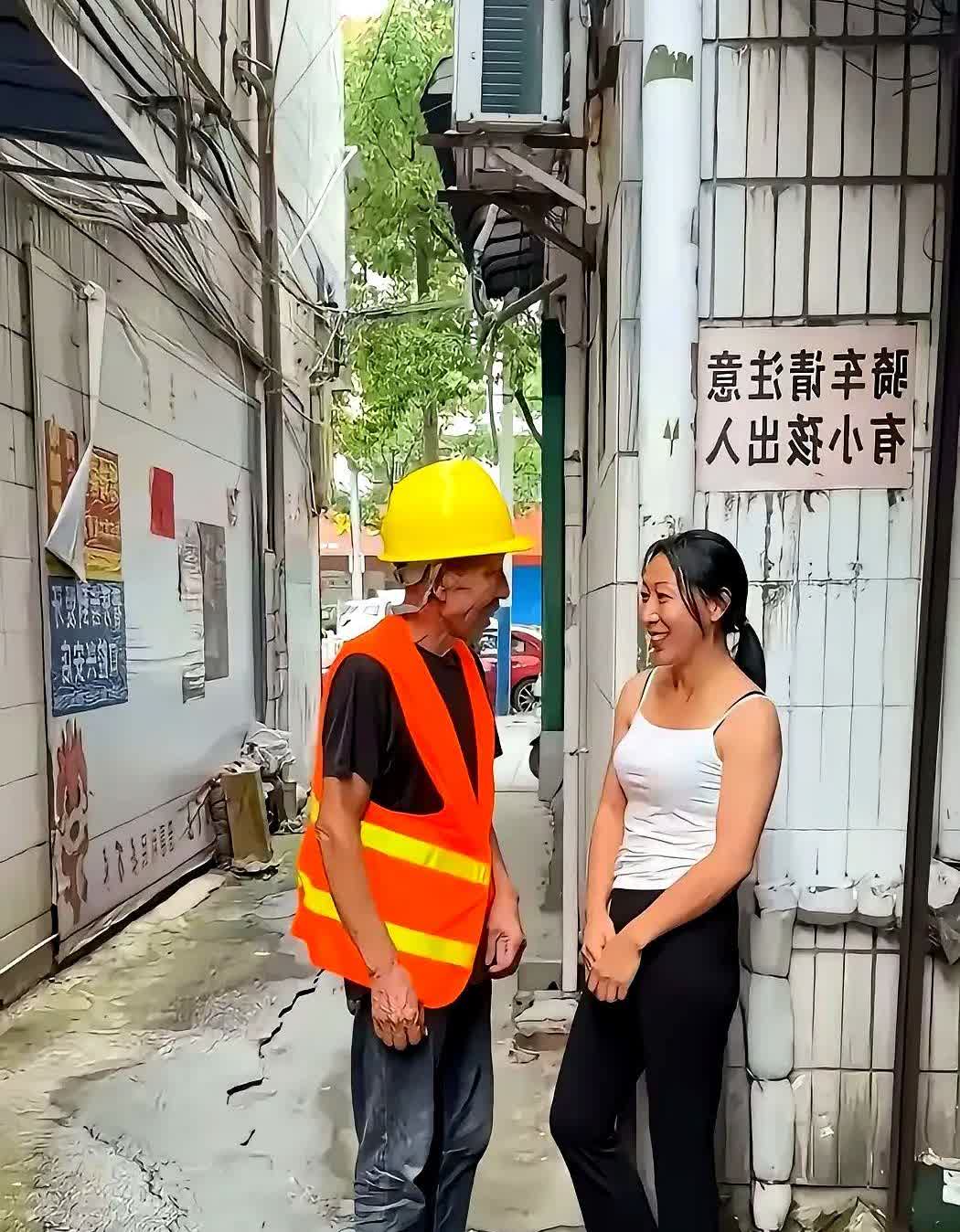 下班后的农民工，在街道小巷里与一位穿着时尚的女子攀谈起来。

不知他们聊的是