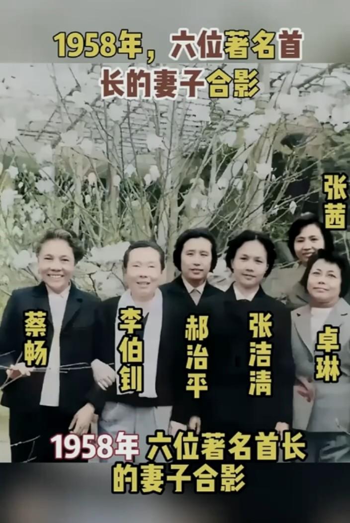 1958年，6位首长妻子合影留念。她们是：李富春的夫人蔡畅，杨尚昆的夫人李伯钊，