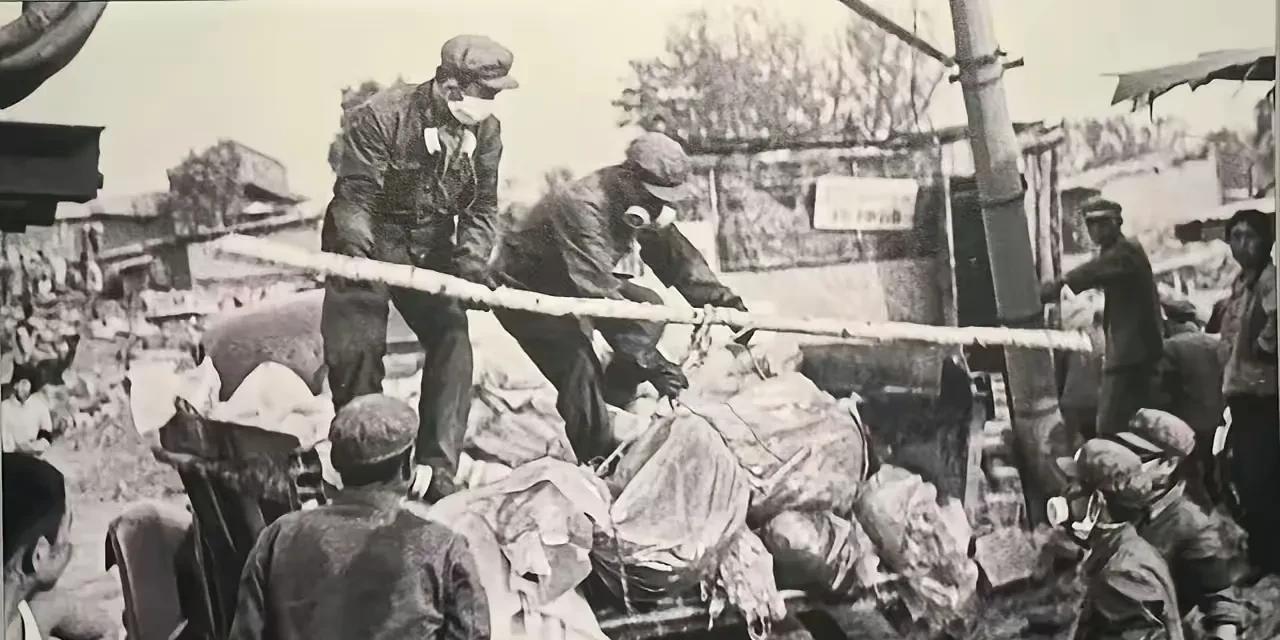 这是唐山大地震后，解放军战士们用卡车运送遇难者遗体的照片。
当时天气非常炎热，遗