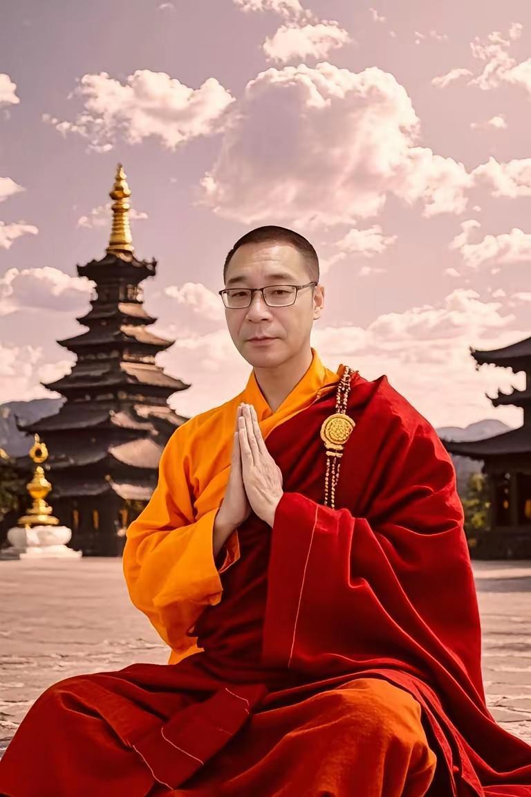 绝句·红沙僧
袈裟朱赤映晴霞，合掌心观世外沙。
古寺檐铃风里静，禅思漫向远天赊。