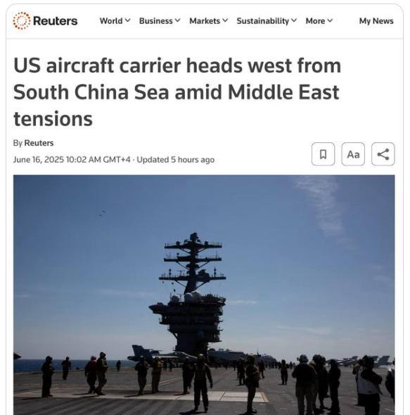 【据路透社报道，在以色列和伊朗紧张局势升级的情况下，美国正将一艘航空母舰从南海向