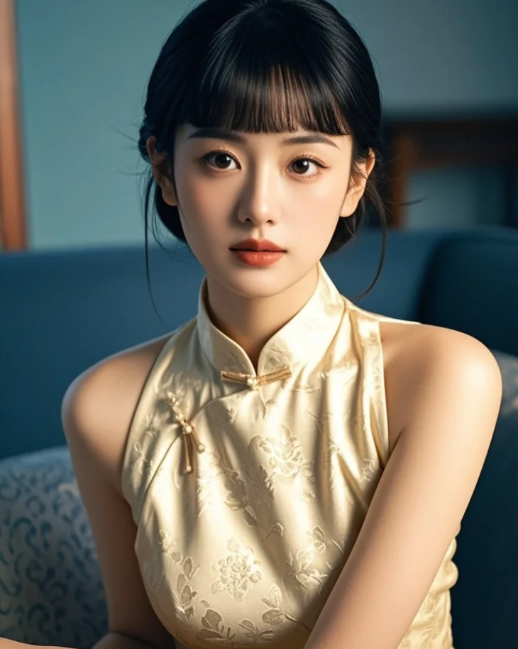 她的身影倒映其中，宛如从旧时光里走来的佳人