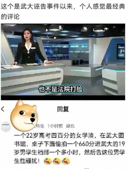 这是武汉大学图书馆事件最经典的评论！
“一个22岁高考四百分的女学渣，在武汉大学