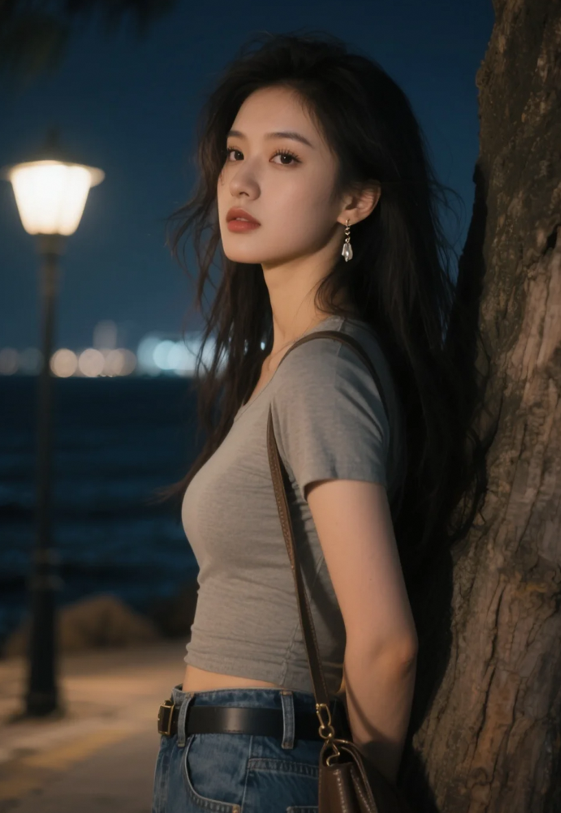 海边的路灯太懂浪漫，把她的侧脸照得像旧胶片