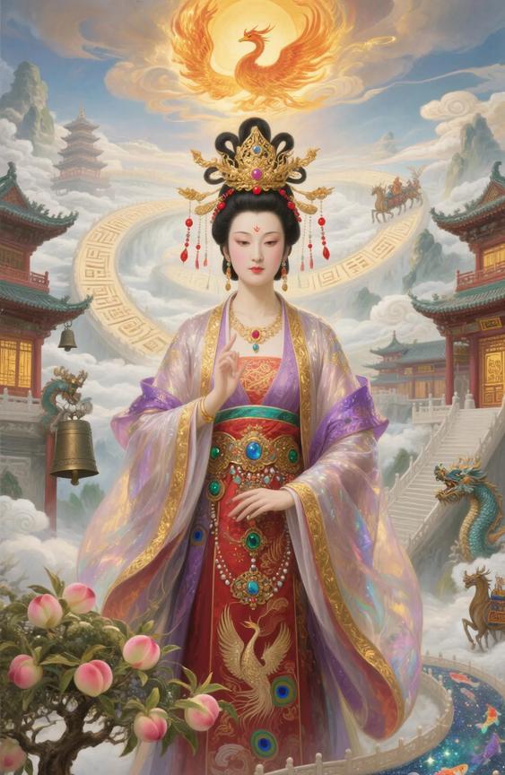 王母蟠桃献瑞祥，仙酒赐福寿无疆。 祥云绕户人安康，金玉满堂运道强。
瑶池圣母降吉