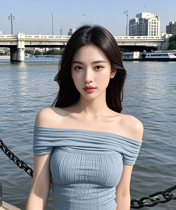 河畔倩影轻摇曳，柔光映衬美人颜