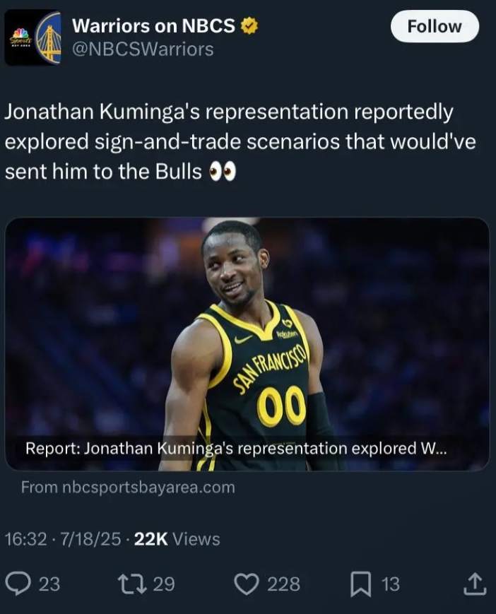 勇士记者曝：库明加团队曾寻求先签后换，目的地是公牛？
Jonathan Kumi