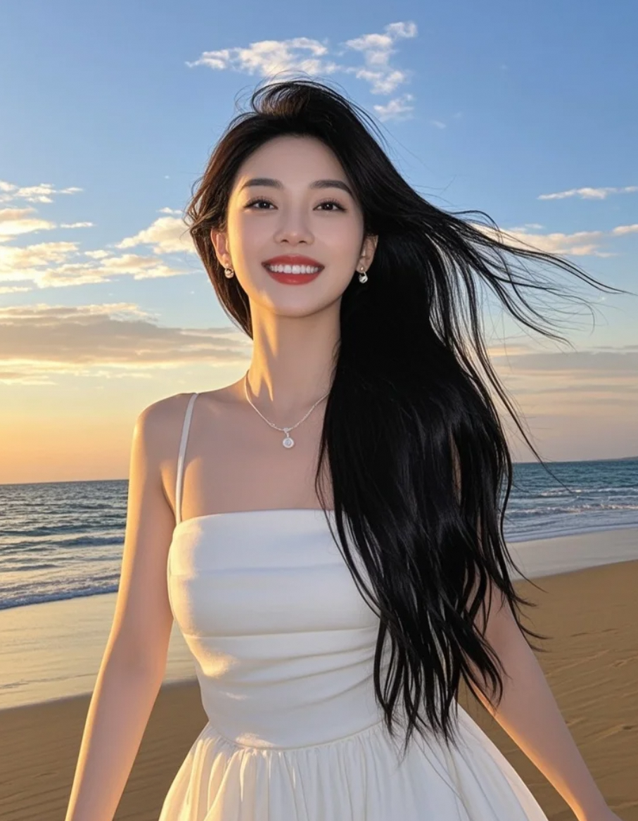 海风卷起她的梦，长发与白裙是梦的形状