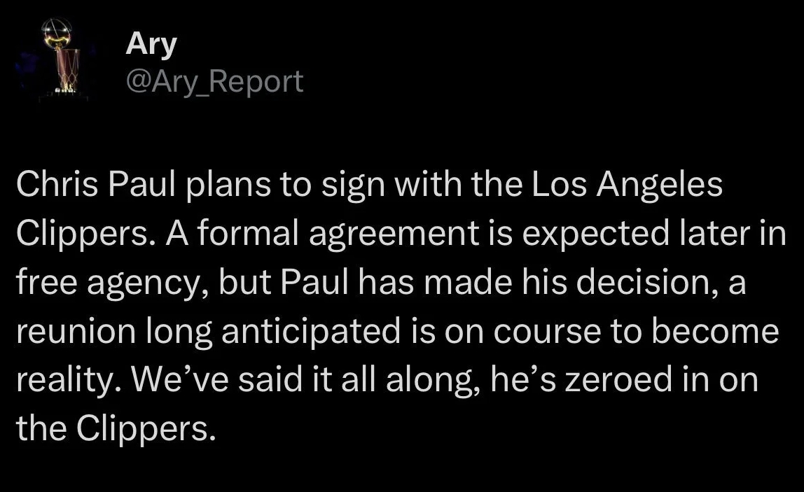 Ary：克里斯-保罗计划签约快船！ 正式协议会在晚些时候达成，但保罗已经作出决定