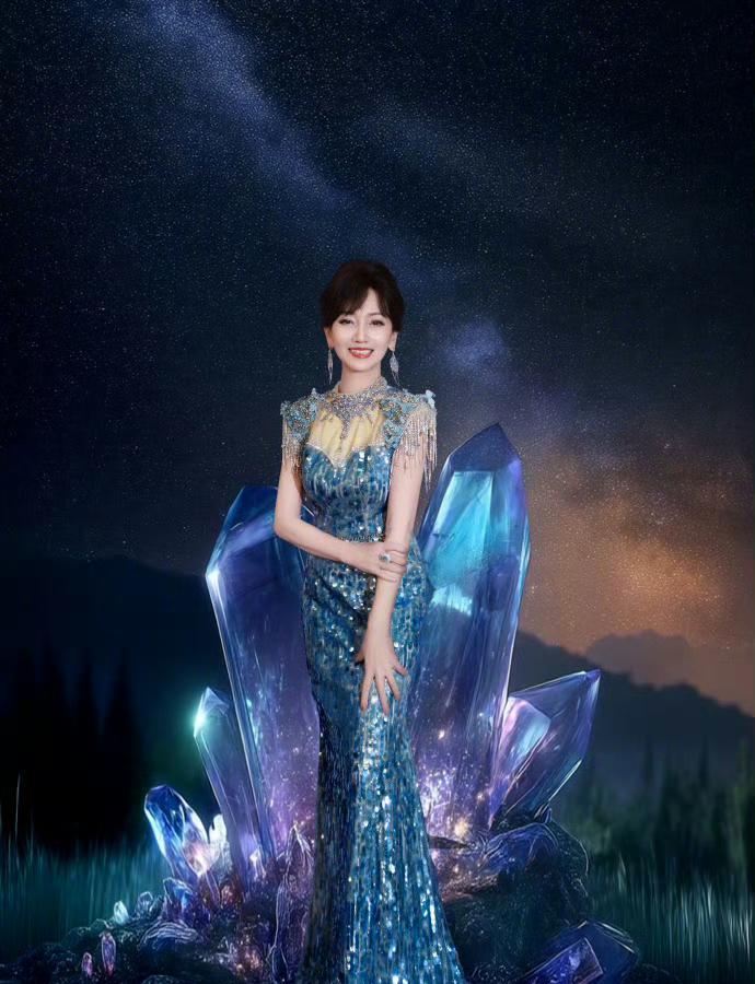 赵雅芝晒出一组六宫格美照，配文写道：“蓝色，如星空、如大海，广阔无边。”镜头中，
