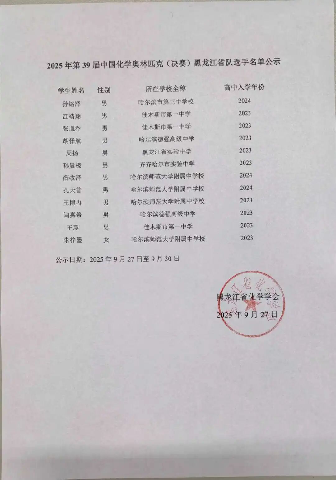 2025化学奥赛黑龙江省队名单出炉，哈三中夺状元，佳一中、哈师大附中表现优异！
