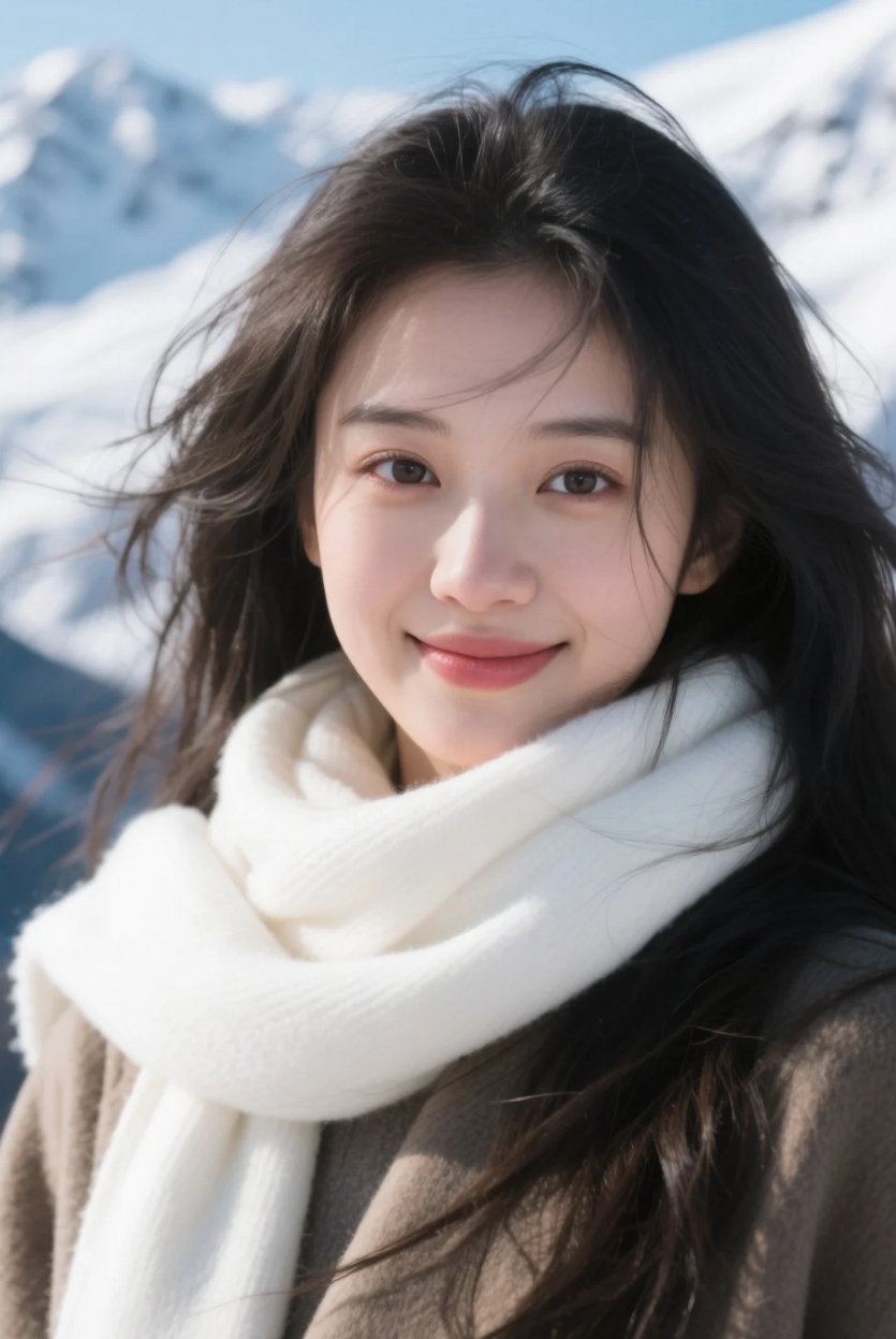 毛呢大衣裹温柔，她在风雪中绽放