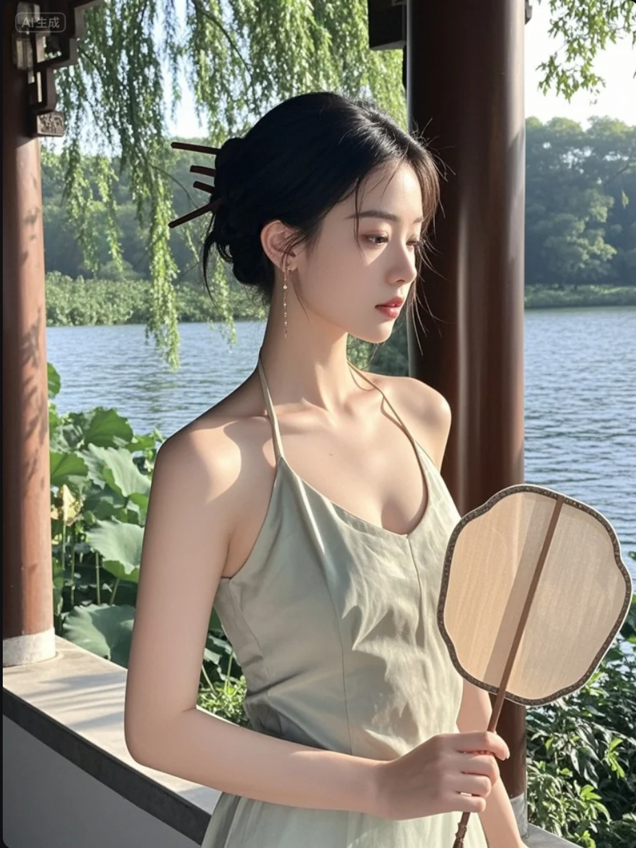 扇子一开，仿佛整个湖面都为你安静了