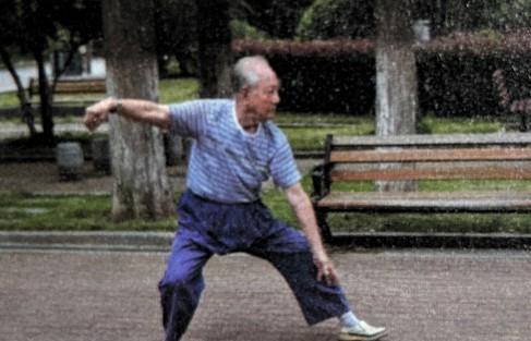 黄旭华院士练习太极拳的照片。自20世纪70年代以来，只要不出差，他必定黎明即起，
