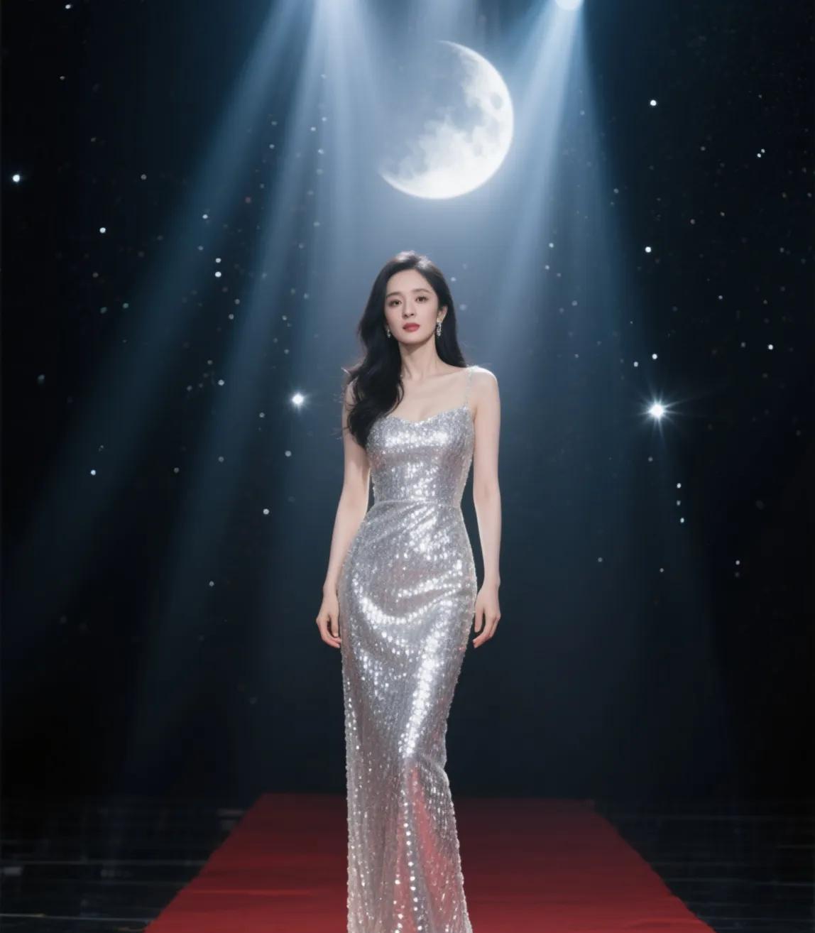 她静立红毯中央，灯光如星河倾泻，一袭礼服竟如被月光点染过的银鳞。那并非咄咄逼人的