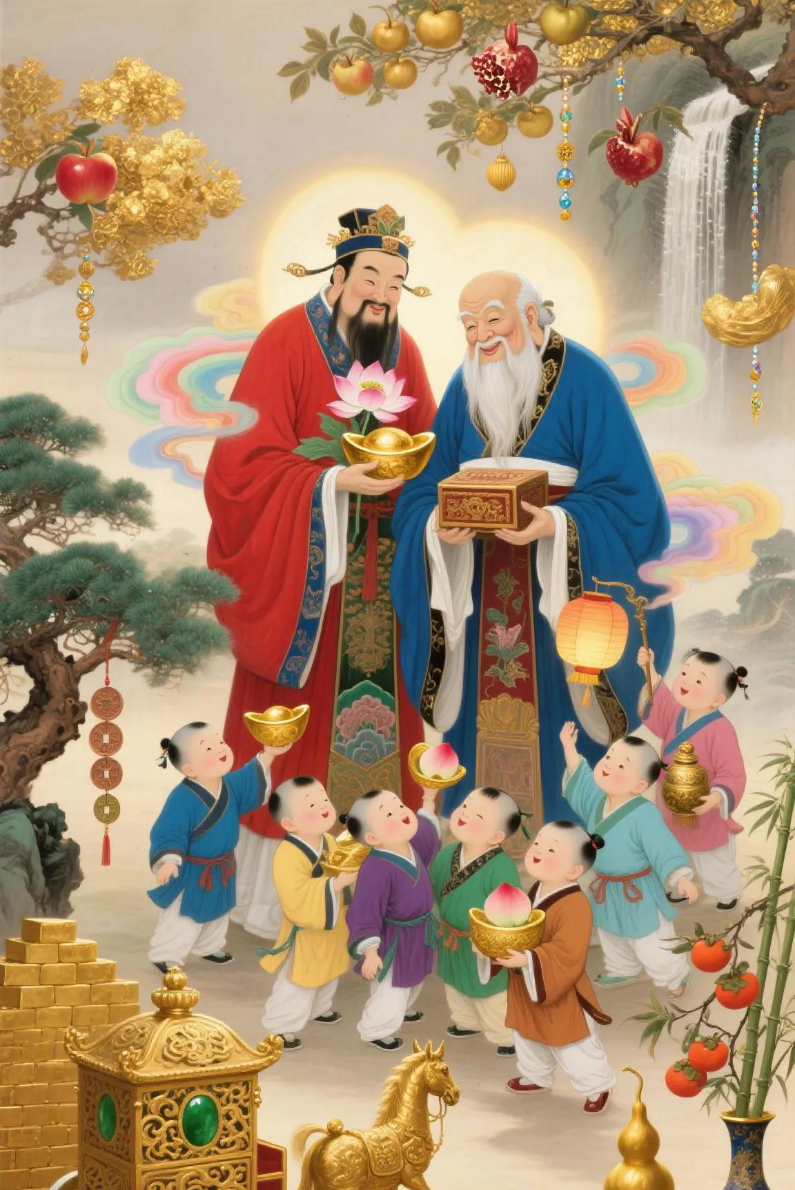 和合二仙下凡来，笑逐颜开好运带，荷花捧出平安岁，宝盒盛金福满宅。
十童献瑞添喜气