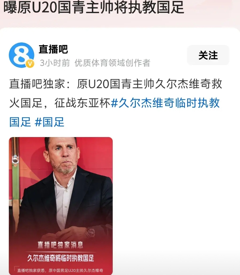 久尔杰维奇绝对不是国足主帅最好的人选，最好的人选是成都蓉城的徐正源或者索性选择一
