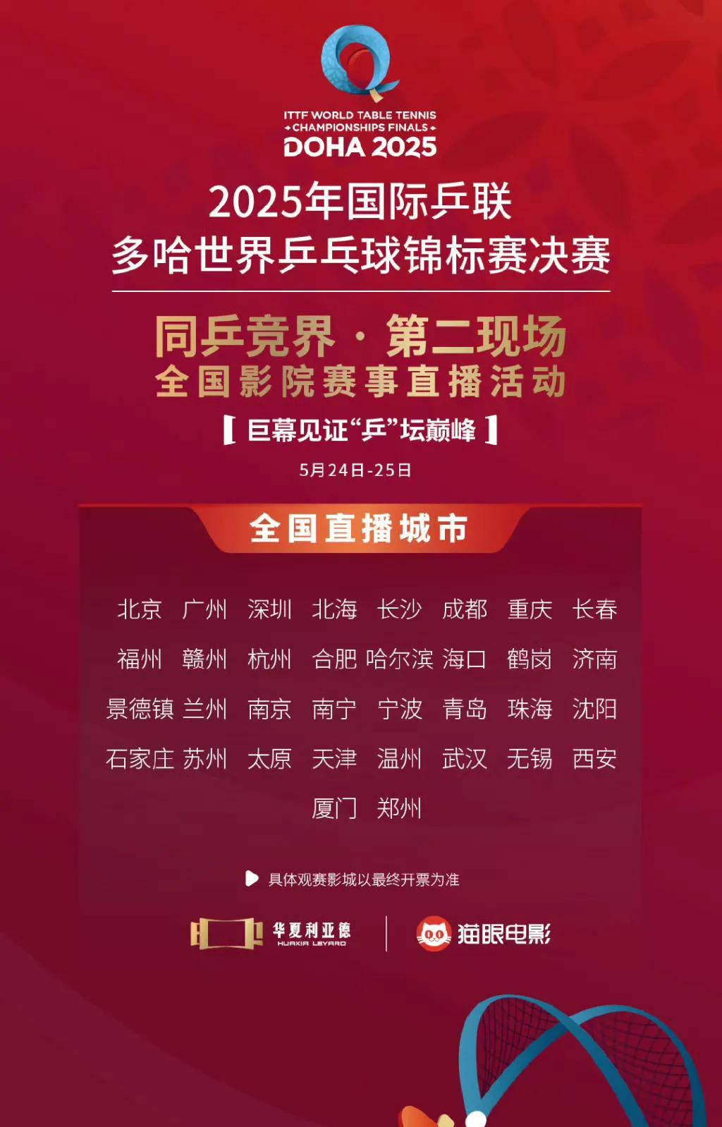 ITTF：“同乒竞界 · 第二现场”全国影院赛事直播活动重磅开启
届时将通过影院