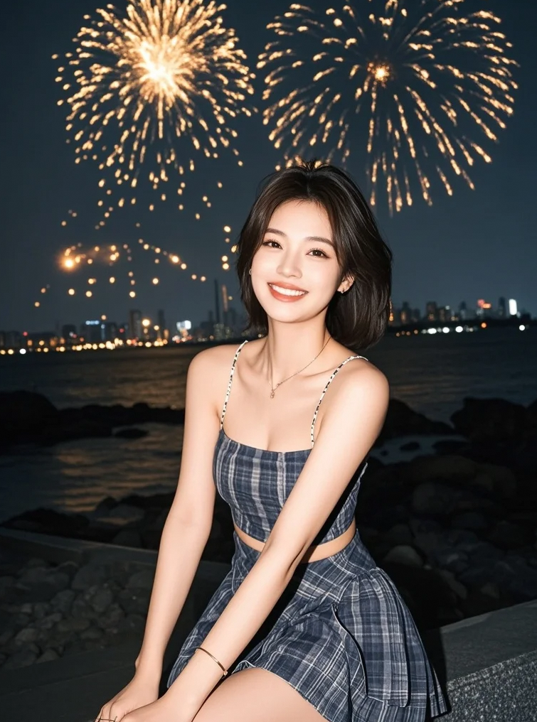 夜色如画，她在焰火中微笑
