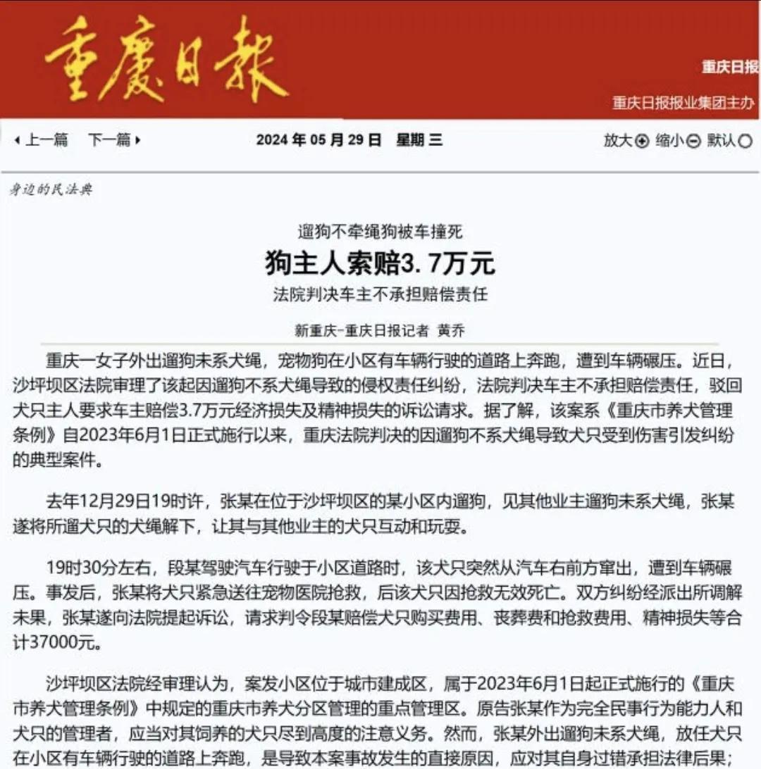 重庆女子遛狗不牵绳，狗被撞死，狗主人起诉车主索赔3.7万元被驳回。
消息来自重庆